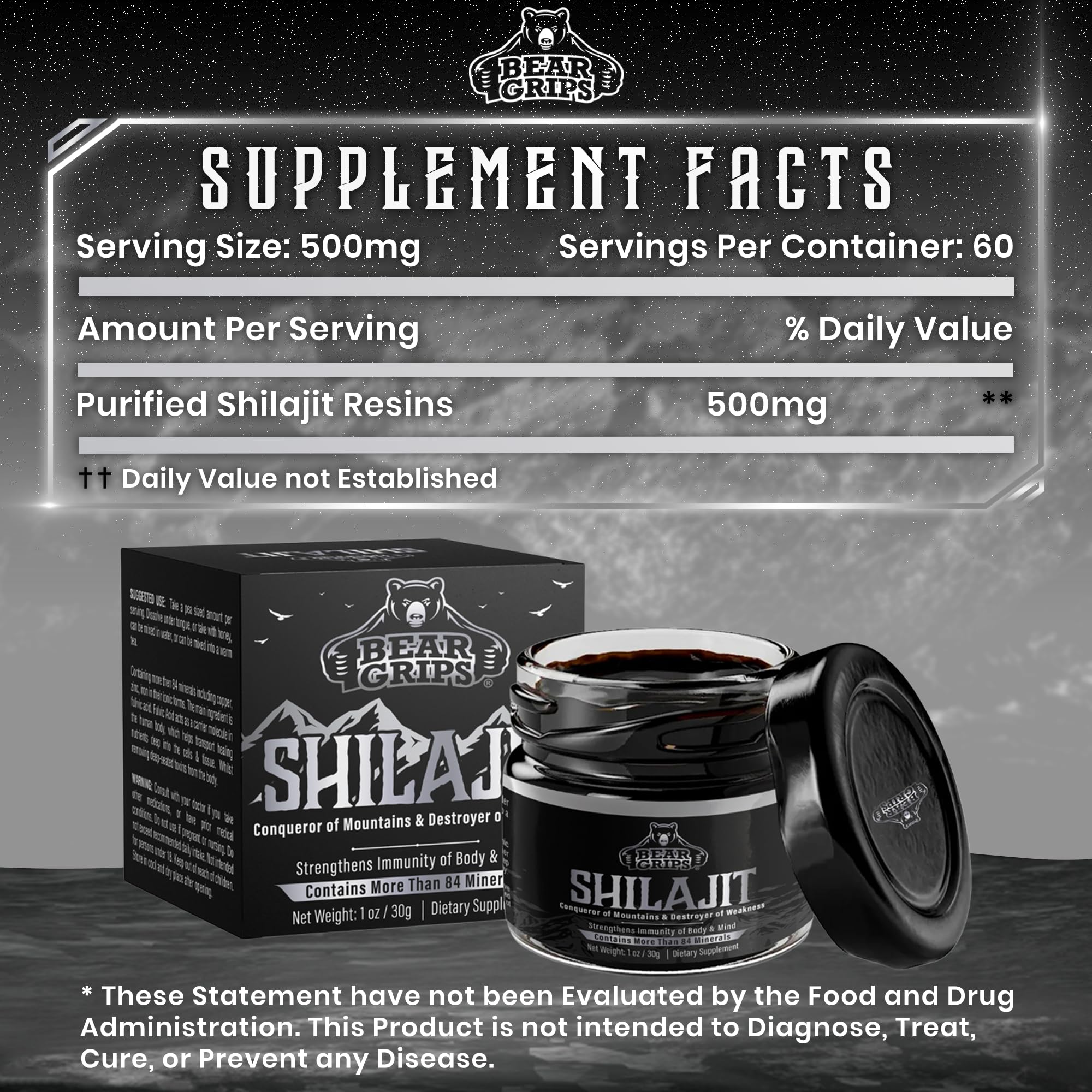 Bear Grips Shilajit resin rich in 85 minerals supports daily nourishment.