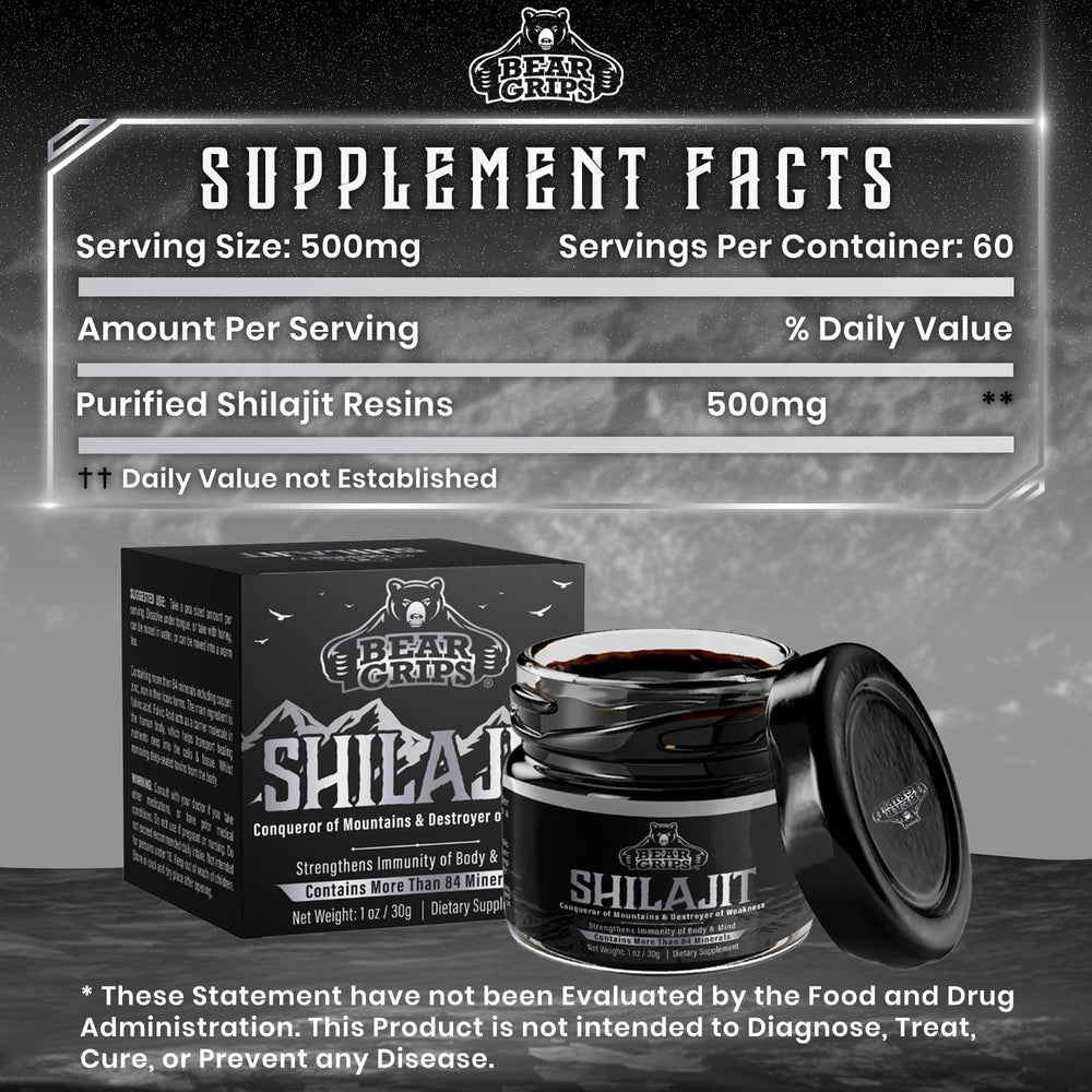Bear Grips Shilajit resin rich in 85 minerals supports daily nourishment.