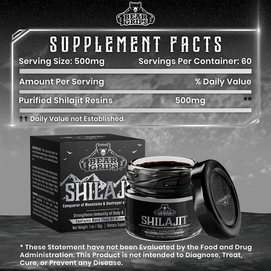 Bear Grips Shilajit resin rich in 85 minerals supports daily nourishment.