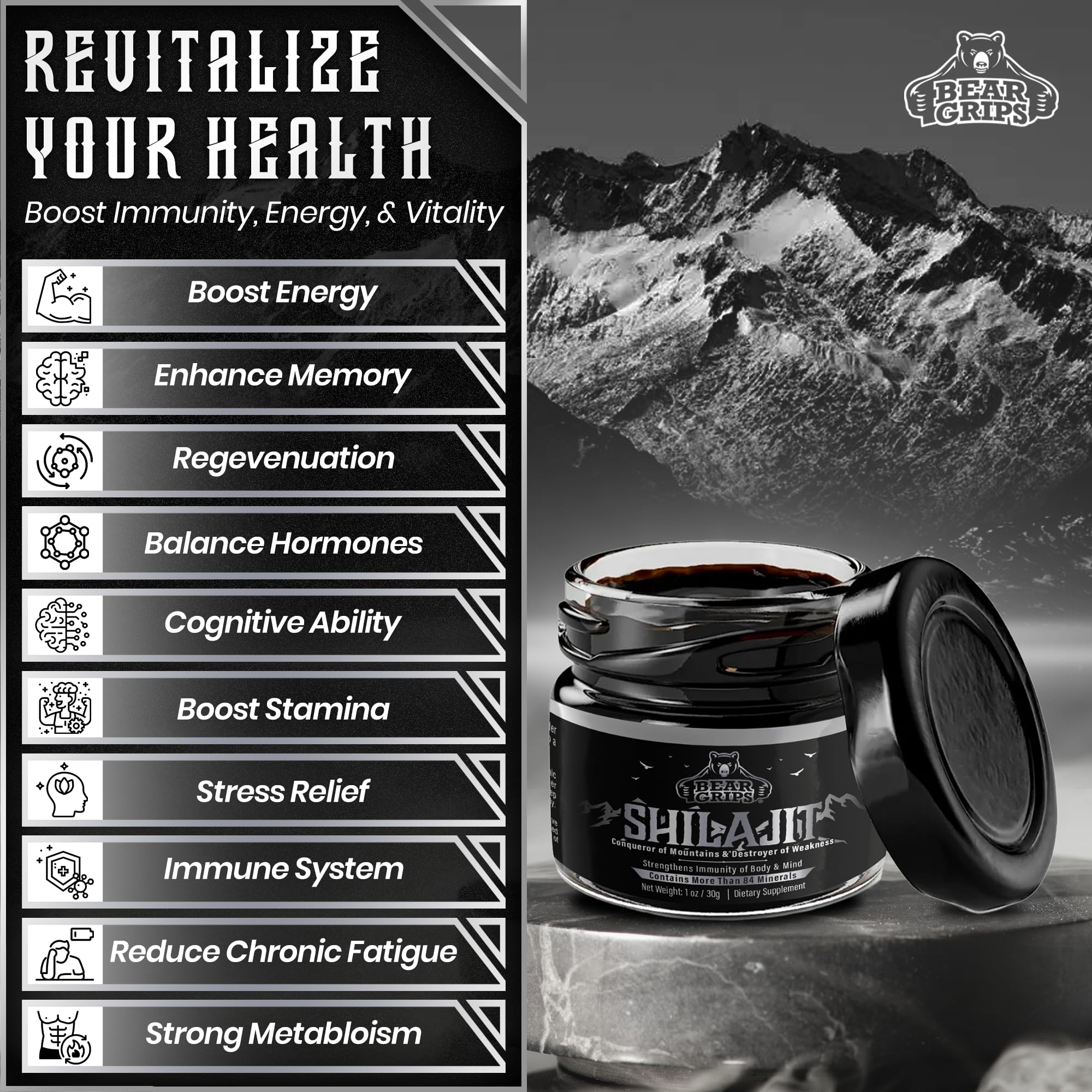 Bear Grips Shilajit with fulvic acid aids nutrient absorption and vitality.