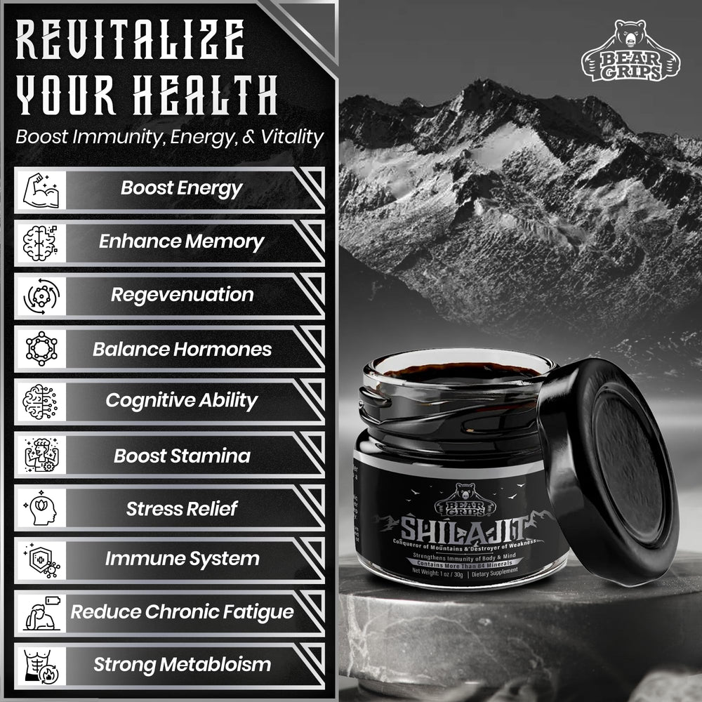 Bear Grips Shilajit with fulvic acid aids nutrient absorption and vitality.