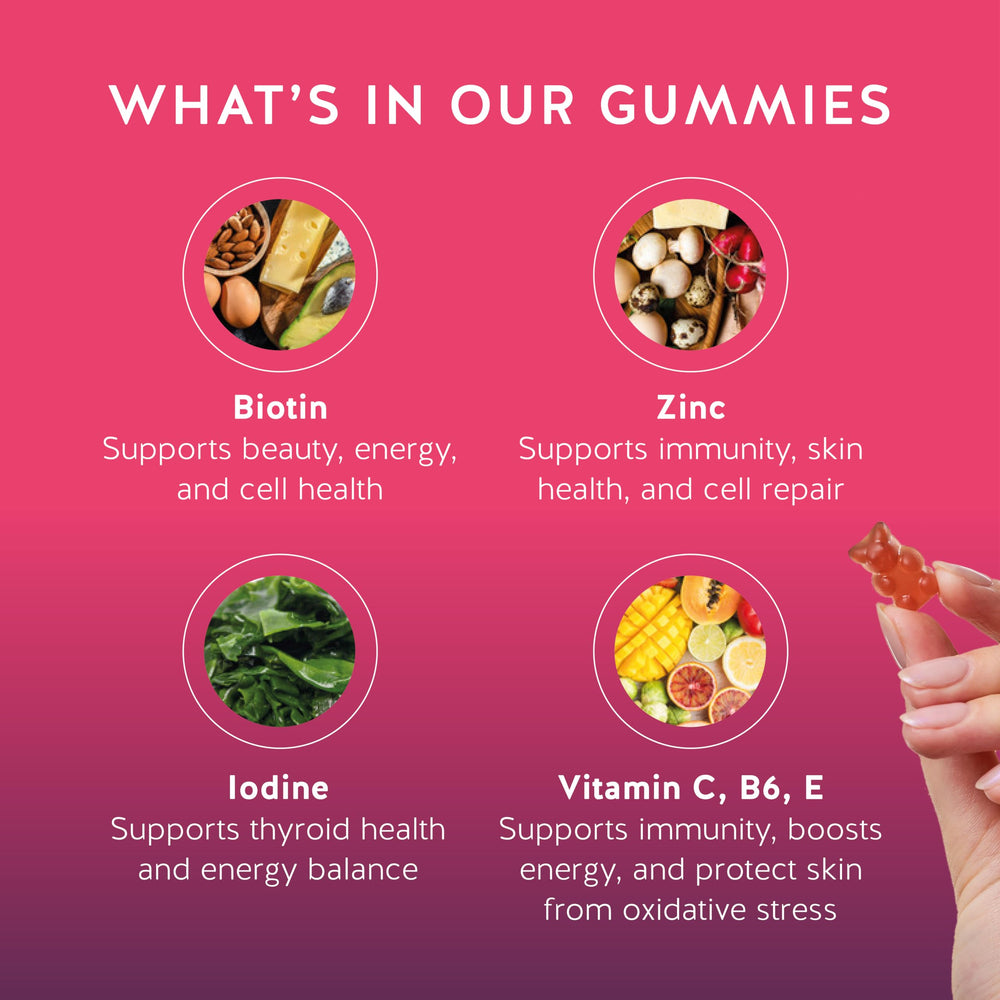 Bears with Benefits Biotin Gummies help maintain glowing skin and hair vitality