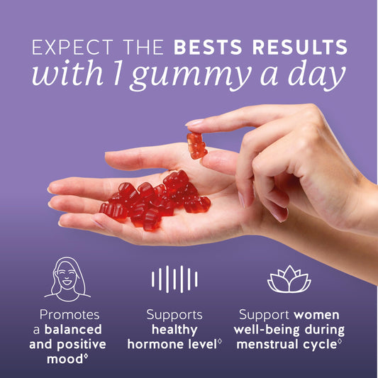 Bears with Benefits PMS Gummies closeup highlighting flavor and daily relief.
