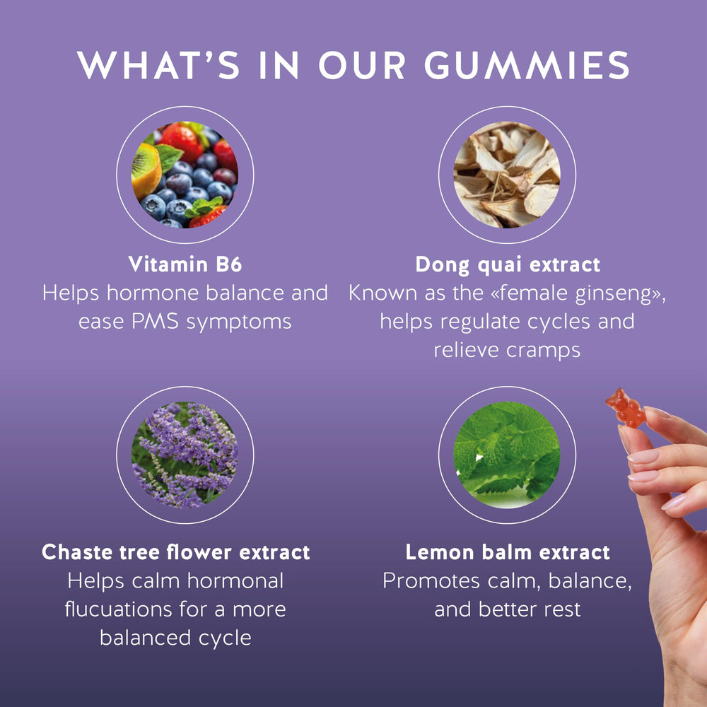 Bears with Benefits PMS Support Gummies closeup, lemon balm and chasteberry ingredients