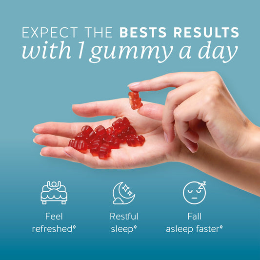 Bears with Benefits Super Snooze gummies, foreground texture, showing fruity flavor for nightly use.