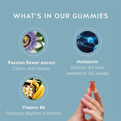 Bears with Benefits 5 mg melatonin with vitamin B6, natural ingredients on front packaging.