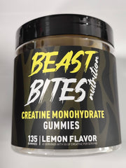 BEAST BITES Creatine Gummies lemon bottle close-up for convenient daily performance support.