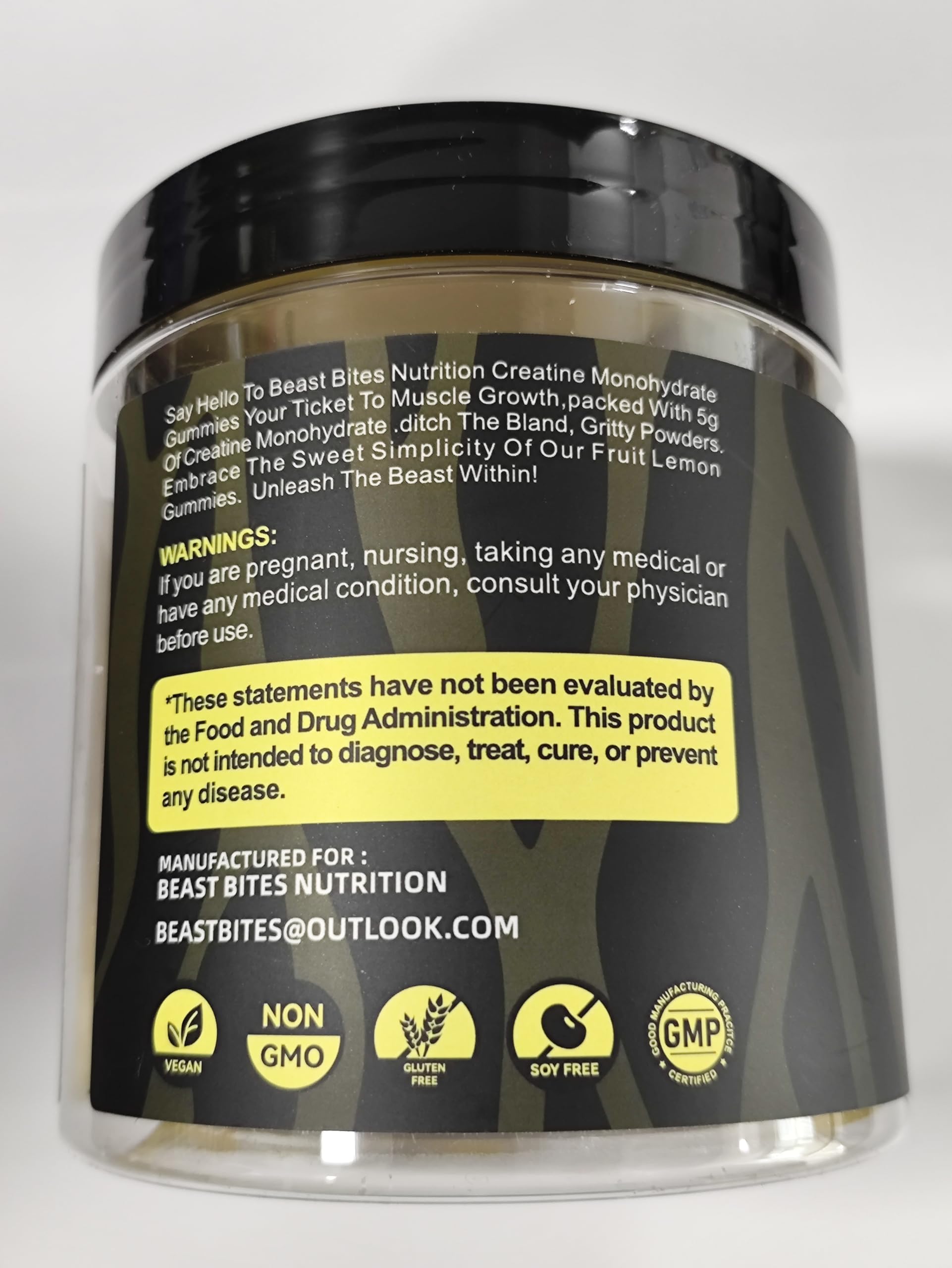 BEAST BITES Creatine Gummies lemon label provides clear usage information for informed decisions.