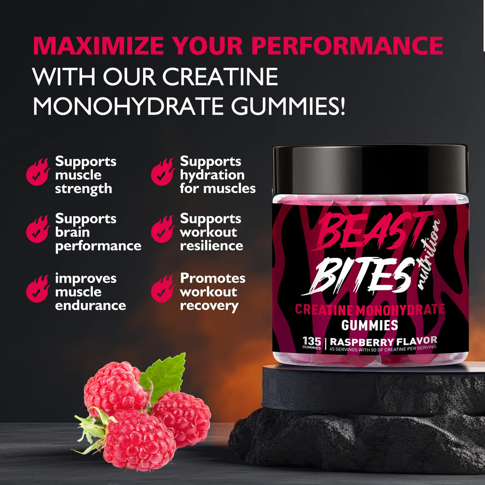 BEAST BITES Creatine Gummies serving pour showing easy dosing and quick consumption.