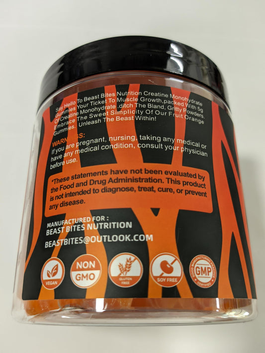 BEAST BITES Nutrition Creatine Monohydrate Gummies serving scoop emphasizing 3 gummies per serving for easy dosing