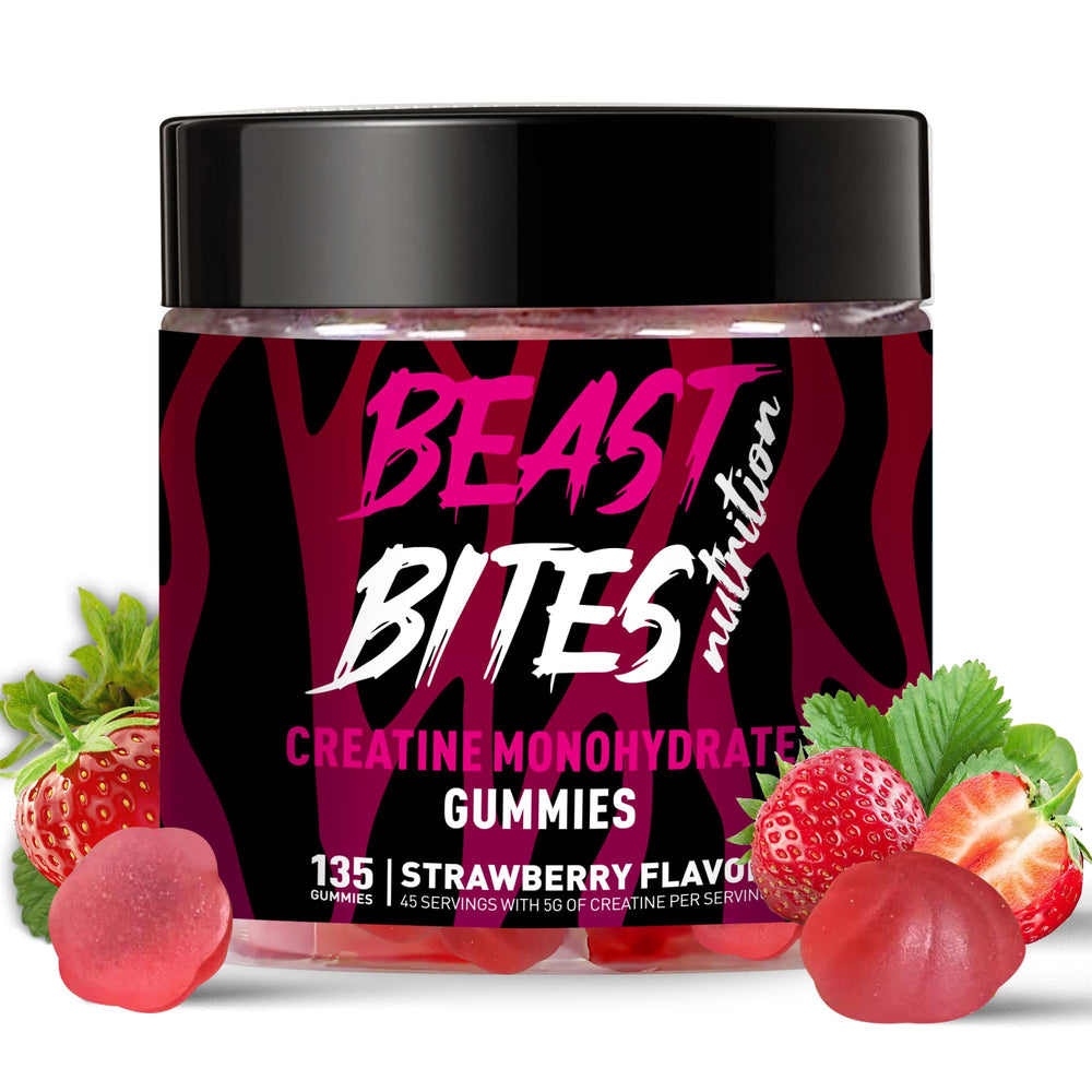 BEAST BITES Nutrition Creatine Monohydrate Gummies bottle front for on-the-go workouts