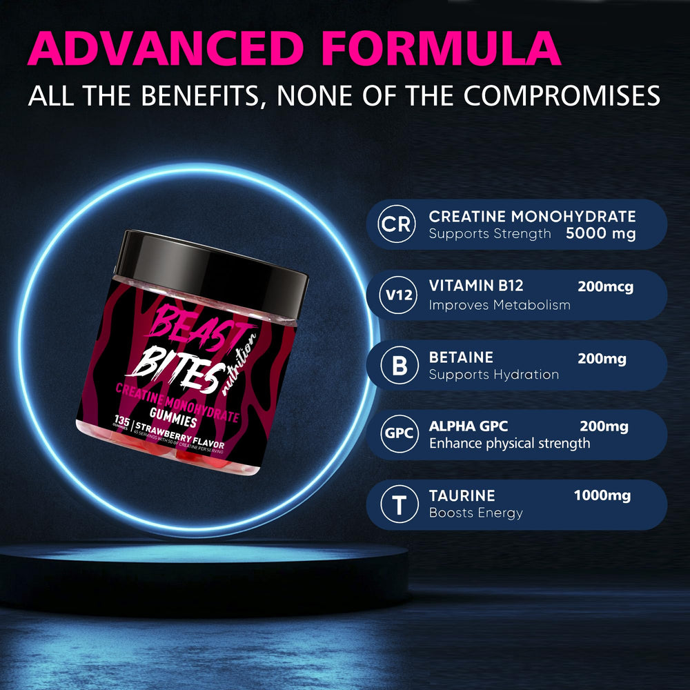 Strawberry flavor gummies displayed with clean BEAST BITES packaging
