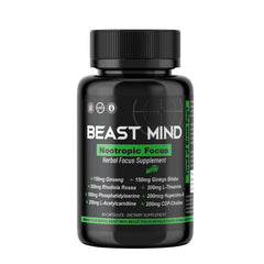 Beast Mind Focus bottle label highlights premium nootropic blend for clarity and daily focus.