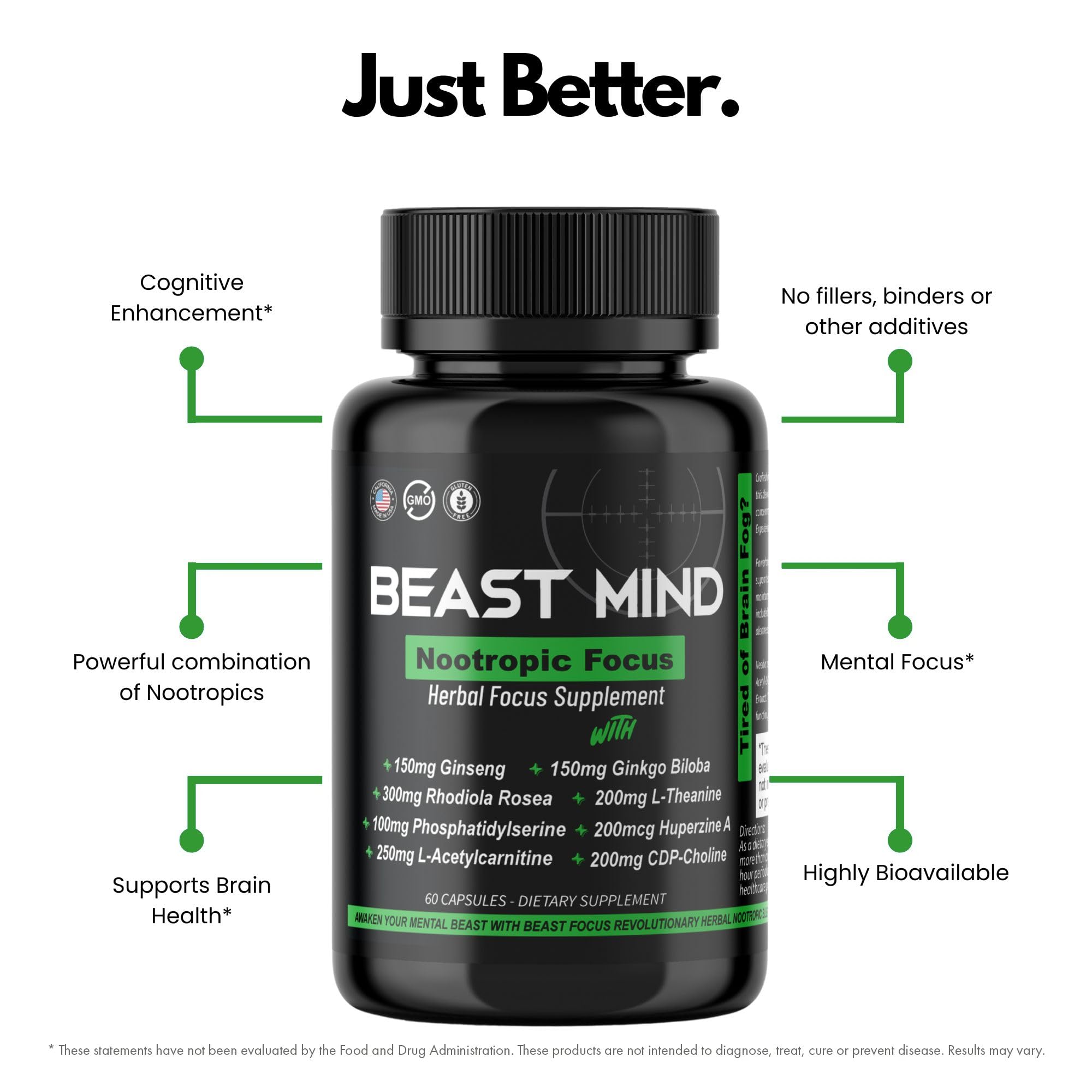 Beast Mind Focus capsules closeup emphasizing easy-to-swallow form for sustained mental energy.
