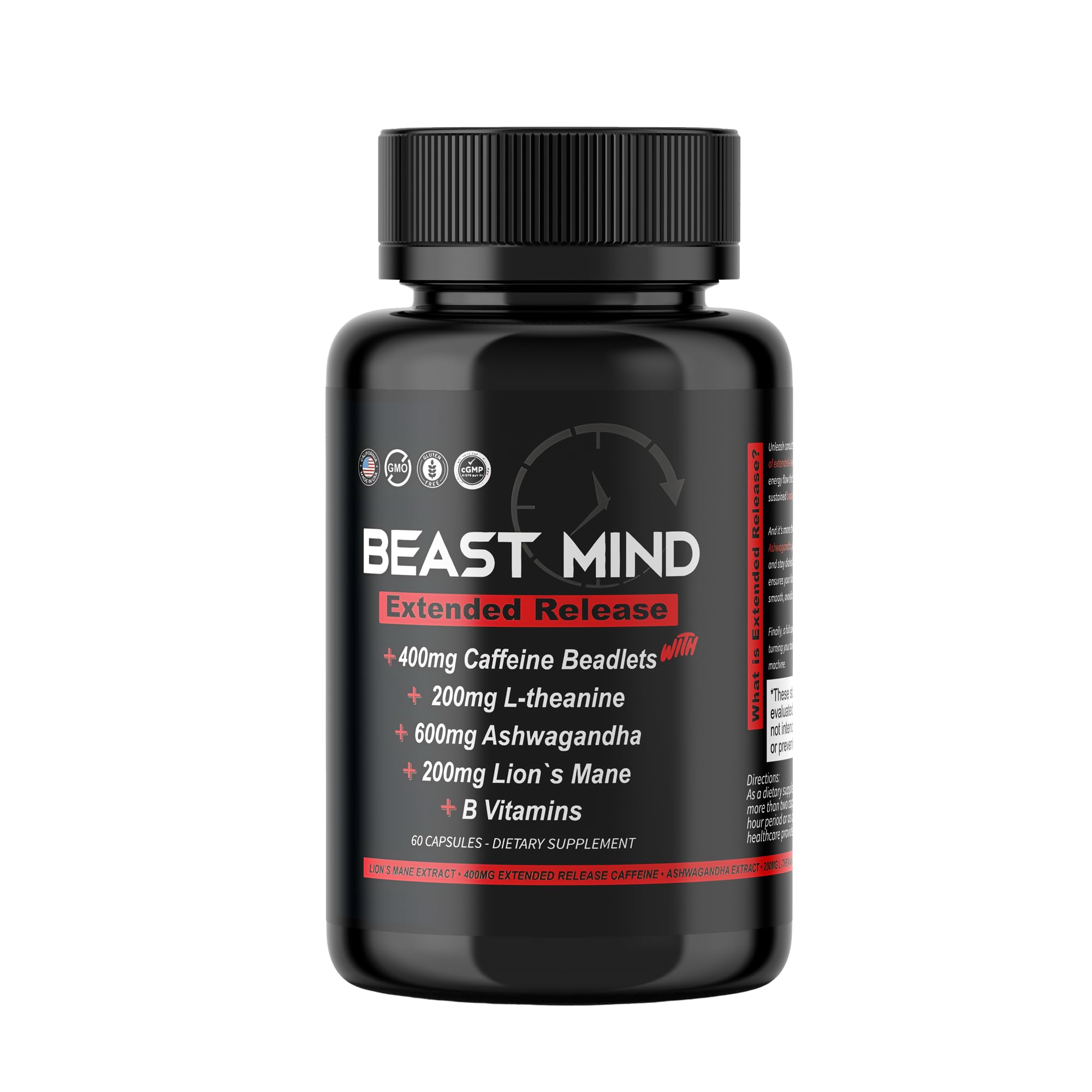 Beast Mind extended-release energy bottle promises steady all-day focus.