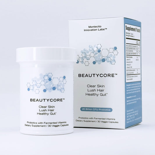 Beautycore supplement bottle label emphasizes skin glow and hair strength.