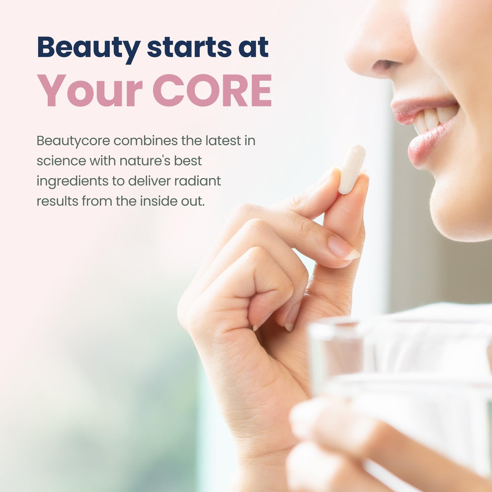 Beautycore branding packaging on shelf conveys quality.