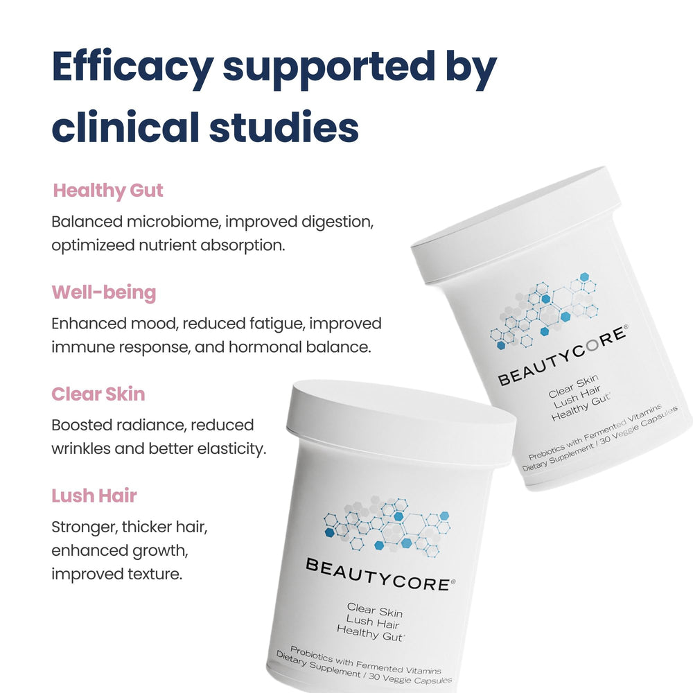 Beautycore digestive product on countertop suggests bloating relief.