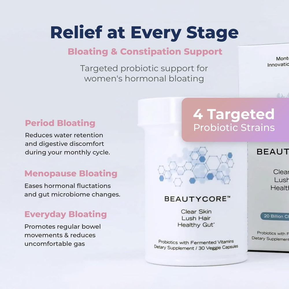 Beautycore probiotics bottle shot highlights gut health support.