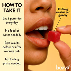 Beava Creatine Monohydrate Gummies ingredients panel notes natural strawberry flavor.