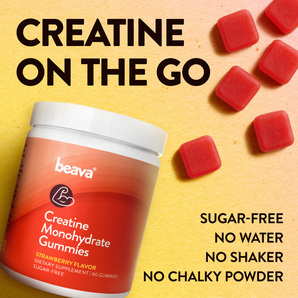 Beava Creatine Monohydrate Gummies label highlights vegan and gluten-free ingredients.
