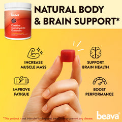 Beava Creatine Monohydrate Gummies serving shows 1.5g per gummy.