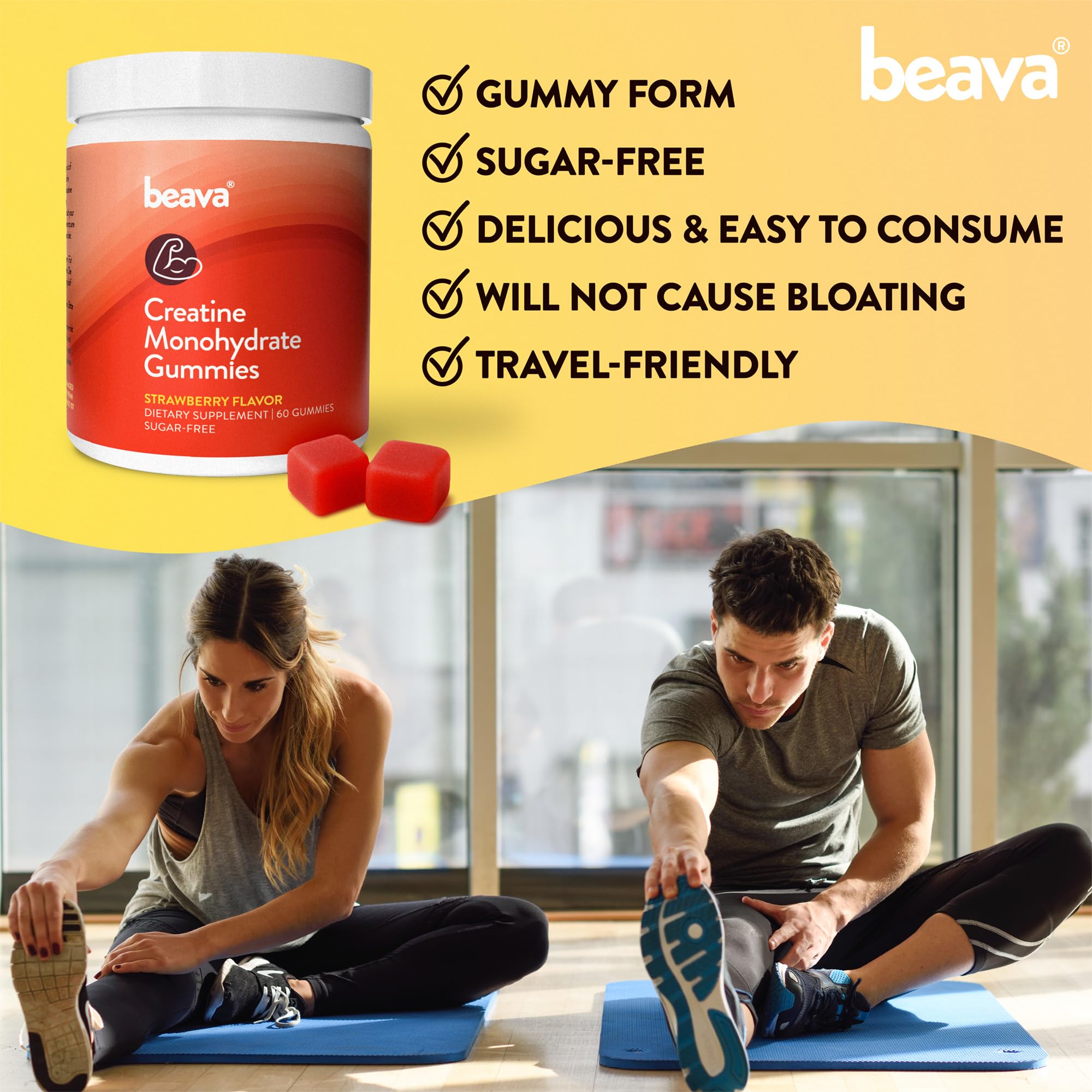 Beava Creatine Monohydrate Gummies in gym setting for workout recovery.