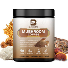 bebeworths lion's mane mushroom coffee powder enhances focus and energy for busy mornings