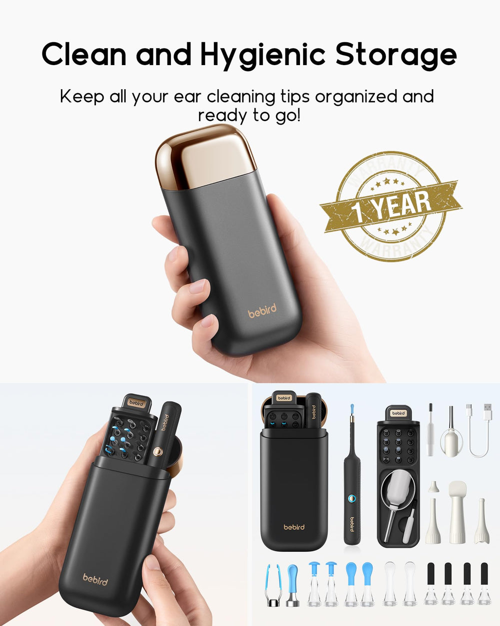 BEBIRD Earsight Plus all-in-one kit with four cleaning tips for wet or dry ears.