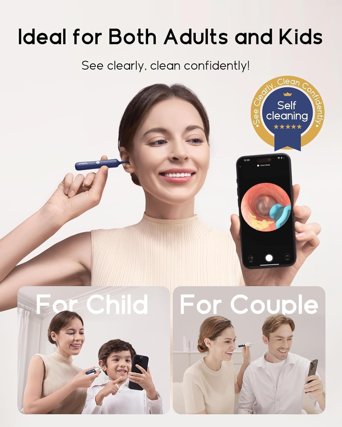 BEBIRD Earsight Plus earwax scoop tips enabling safe removal for wet or dry wax.
