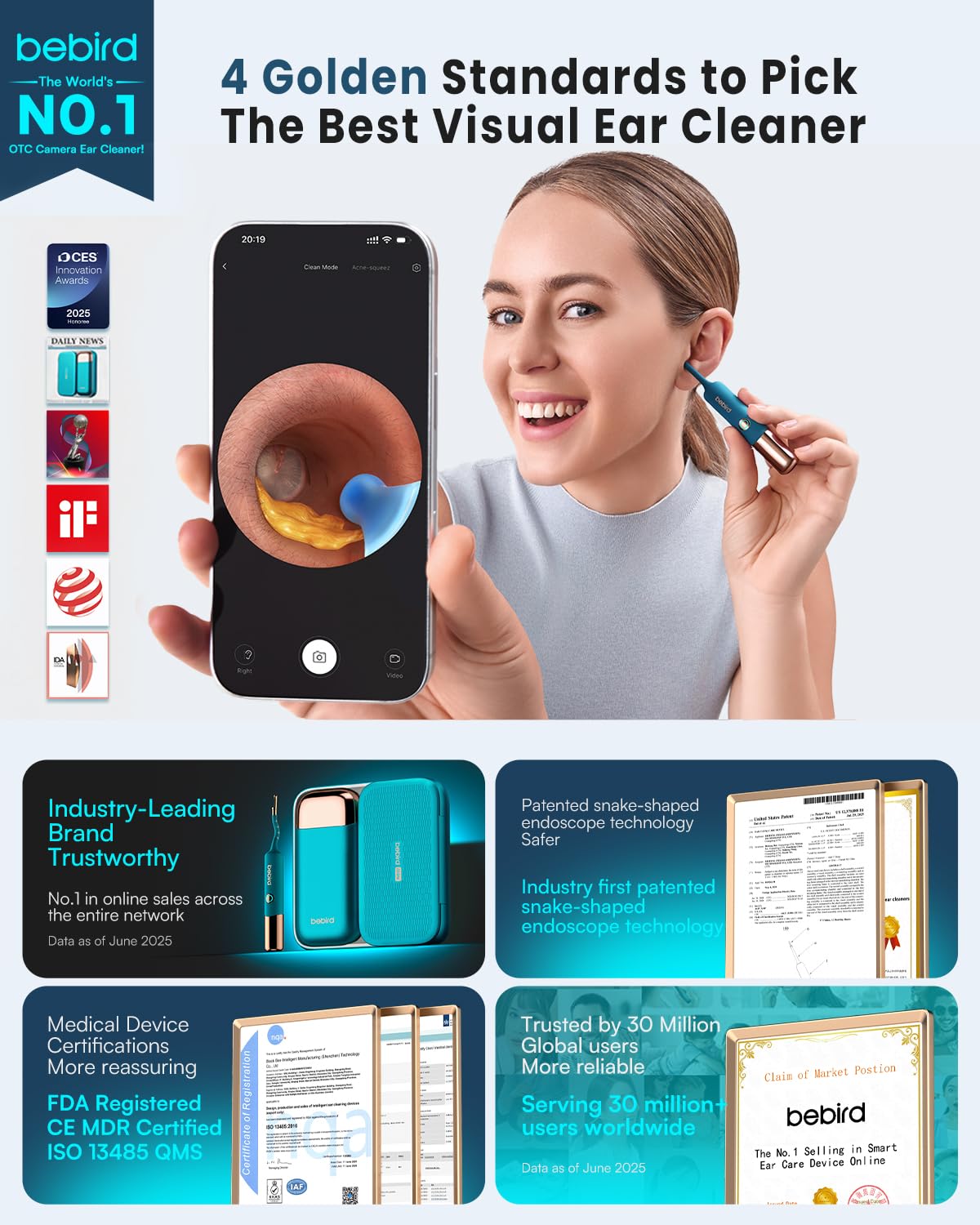 Bright LED lights illuminate the ear canal for clear viewing