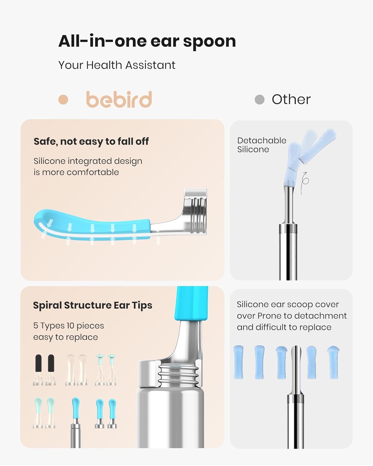BEBIRD R1 6 LED lights illuminate the ear canal for gentle, visible cleaning.