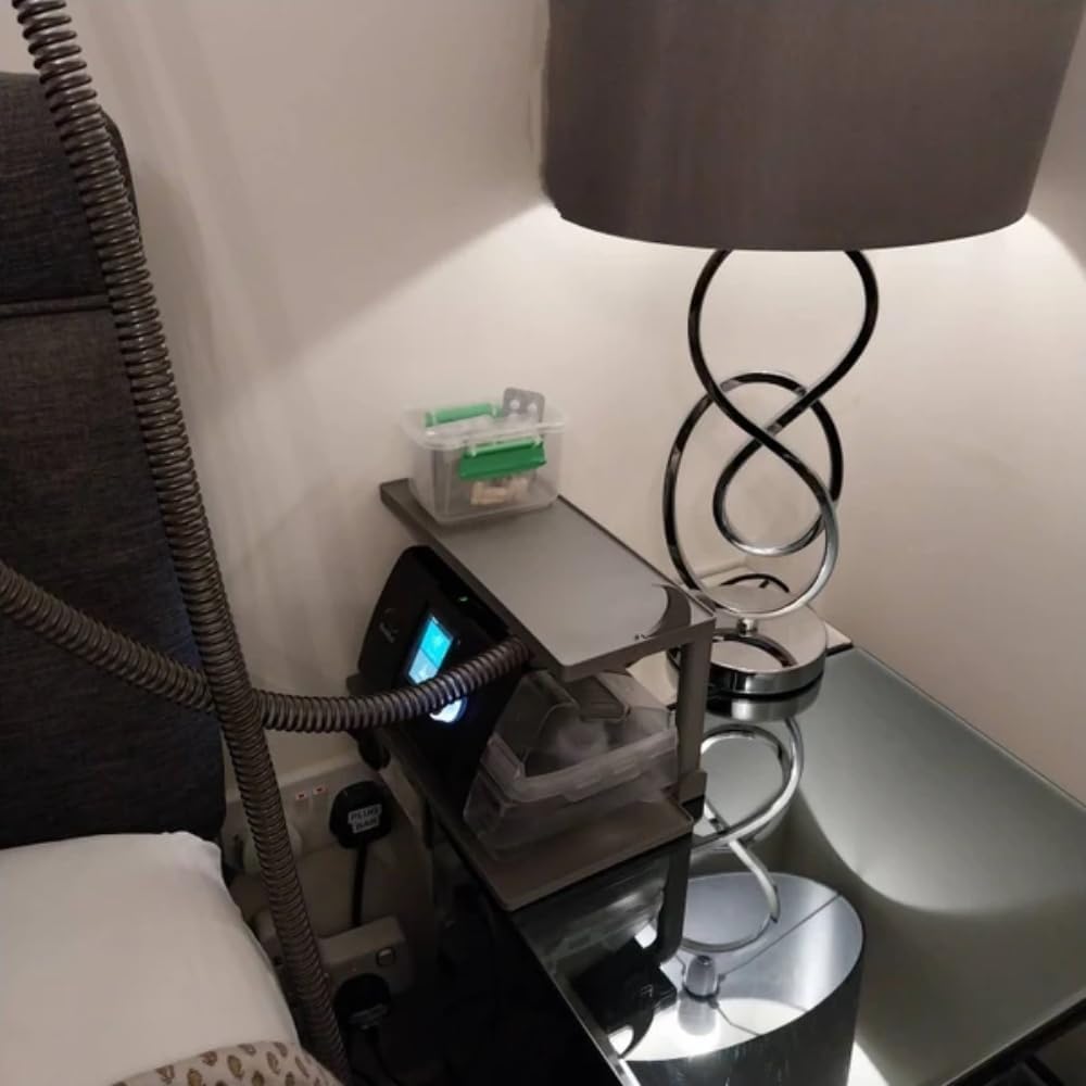 ResMed bedside shelf dual-layer design keeps the nightstand tidy and CPAP components accessible.