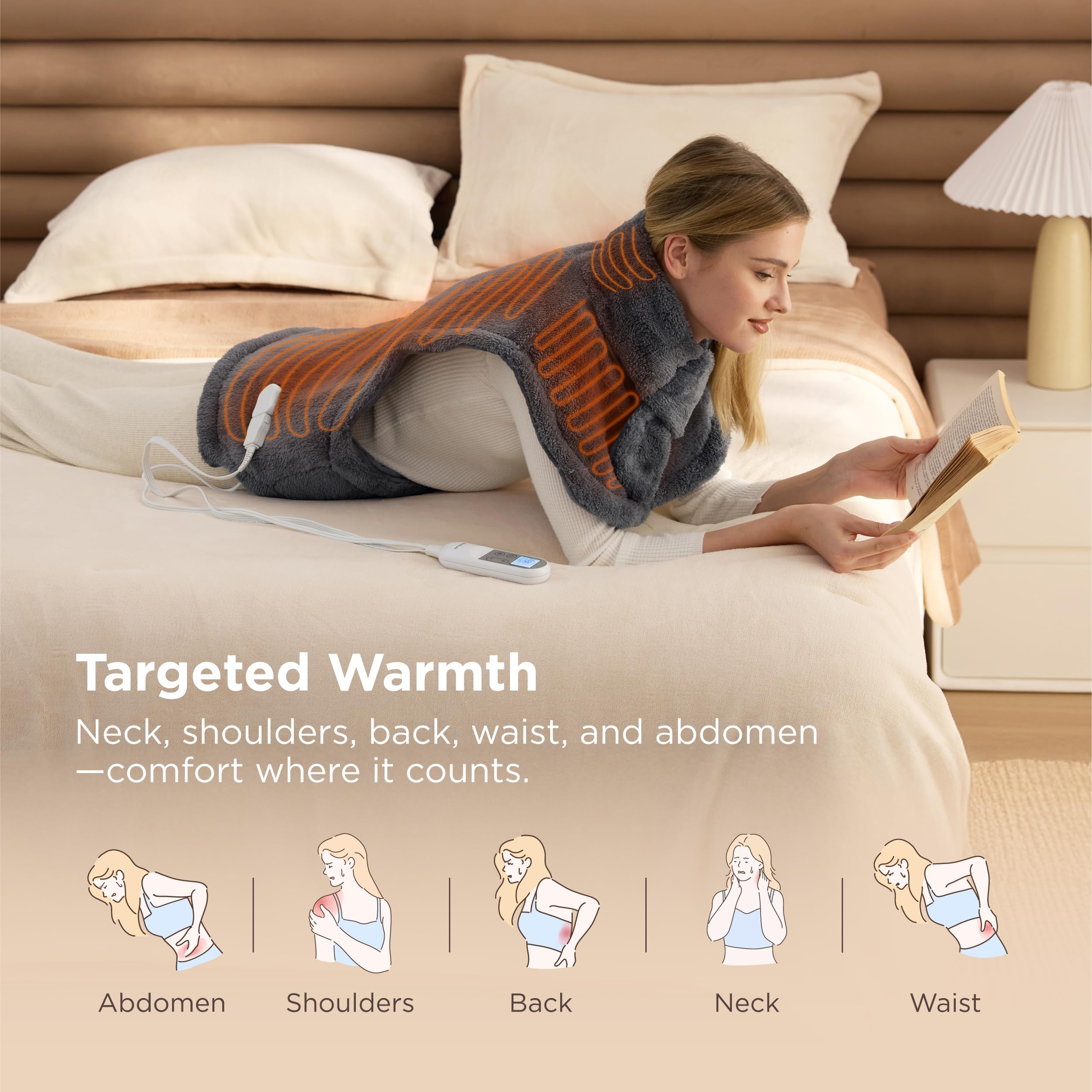 Bedsure heating pad abdomen-coverage feature supporting upper body warmth.
