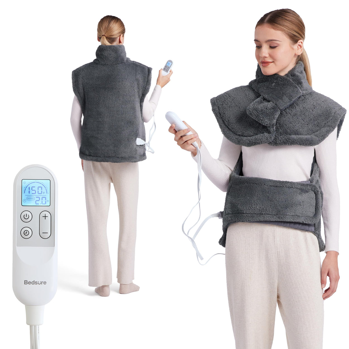 Bedsure heating pad for back and abdomen with plush fleece warmth for all-day comfort.