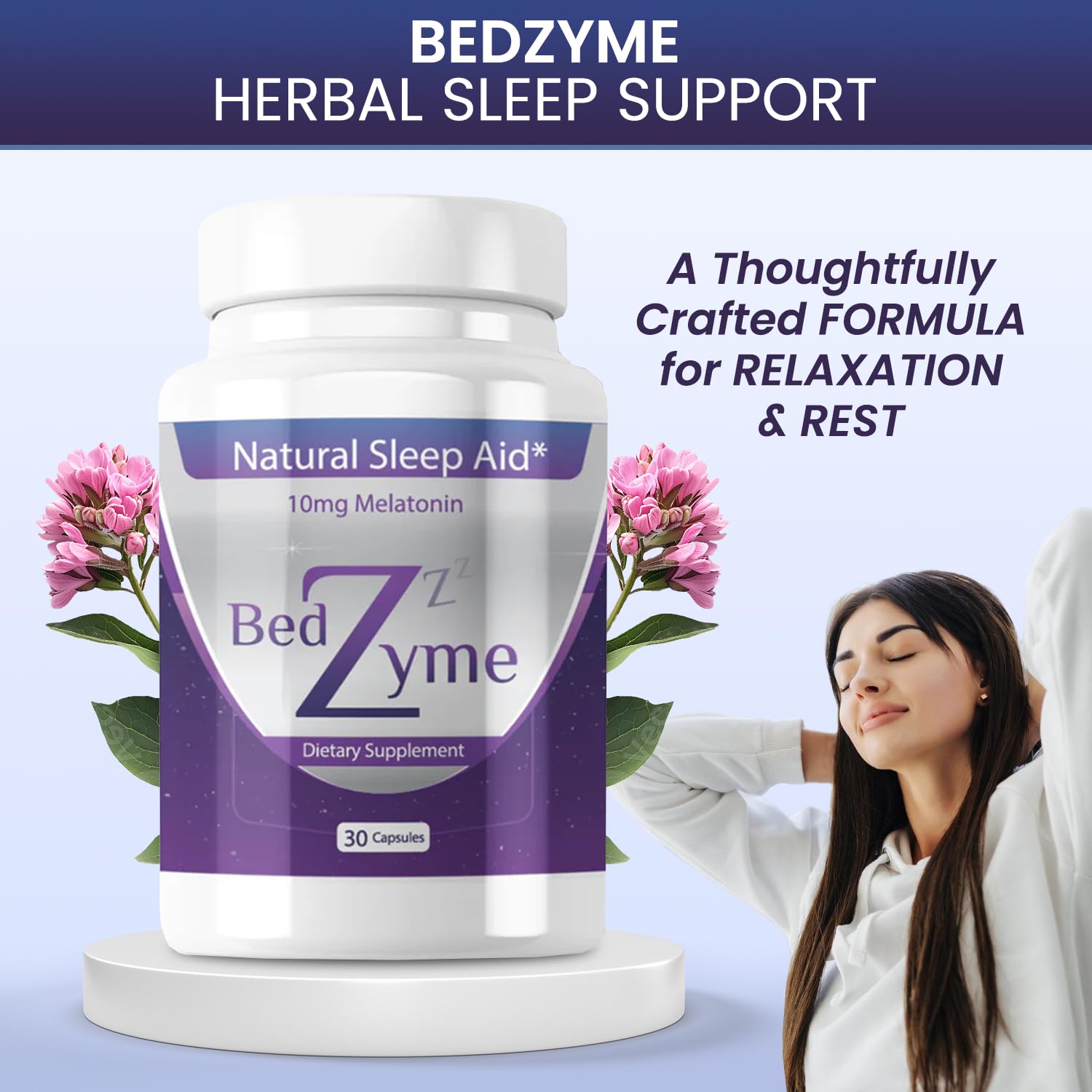 BedZyme Sleep Aid capsules close-up showing dosage