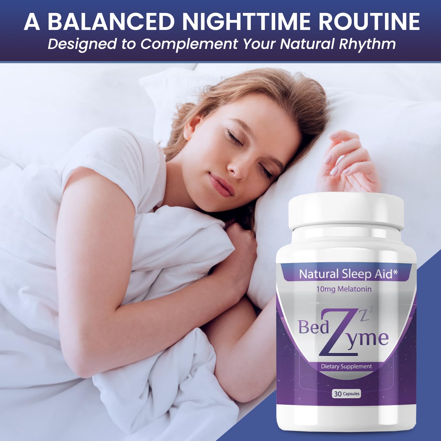 BedZyme Sleep Aid dosage scene showing two capsules per serving