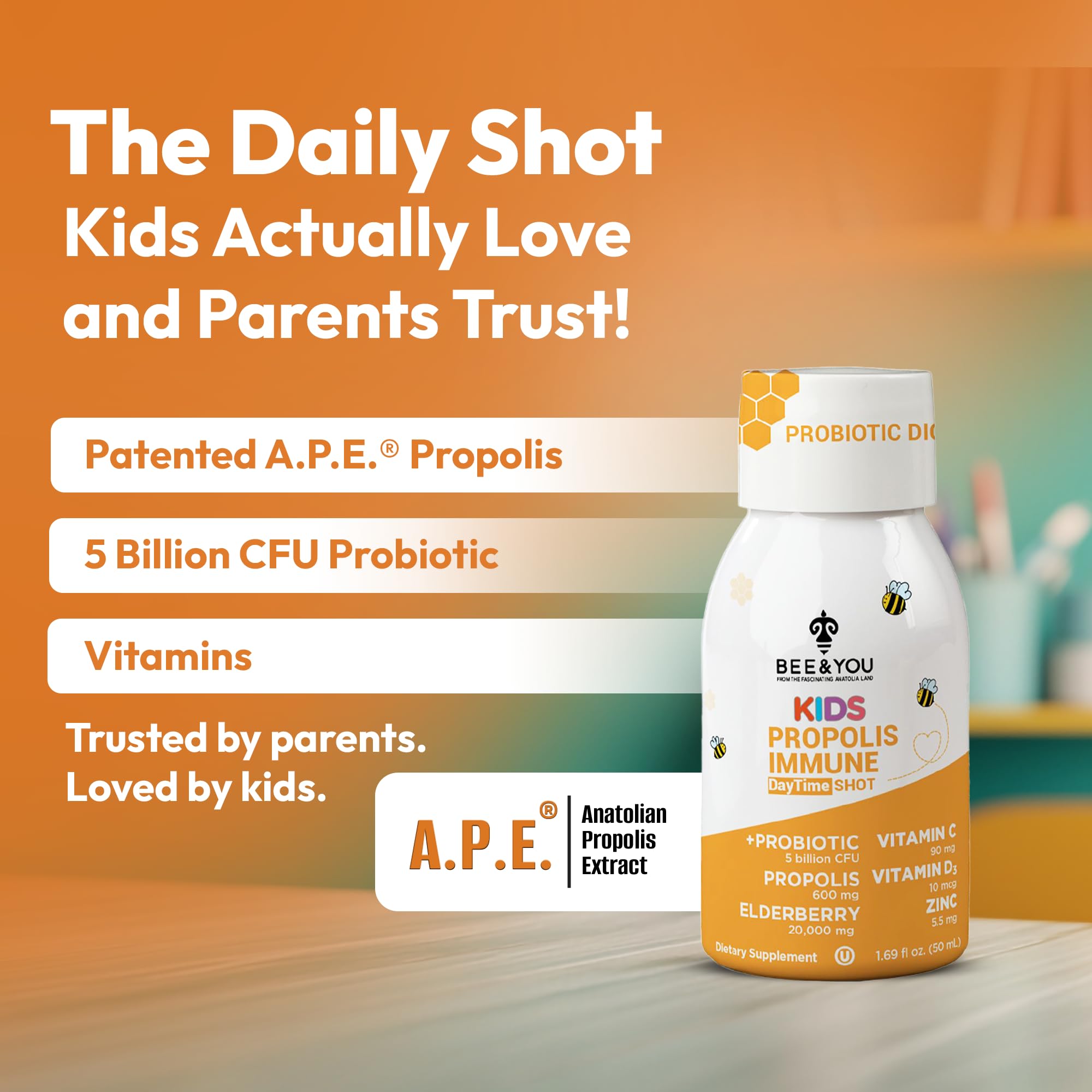 Bee and You Kids Propolis Shot bottle portrait ready for on-the-go dosing.