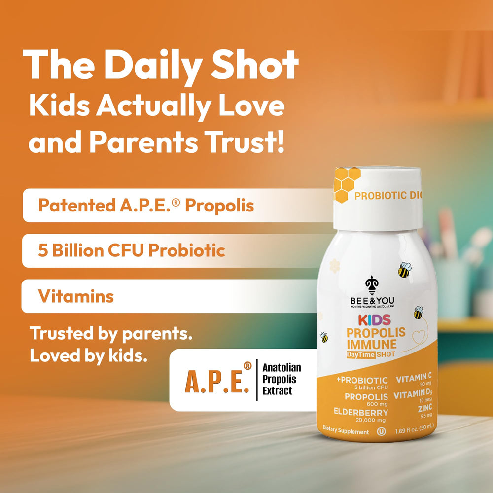 Bee and You Kids Propolis Shot bottle portrait ready for on-the-go dosing.