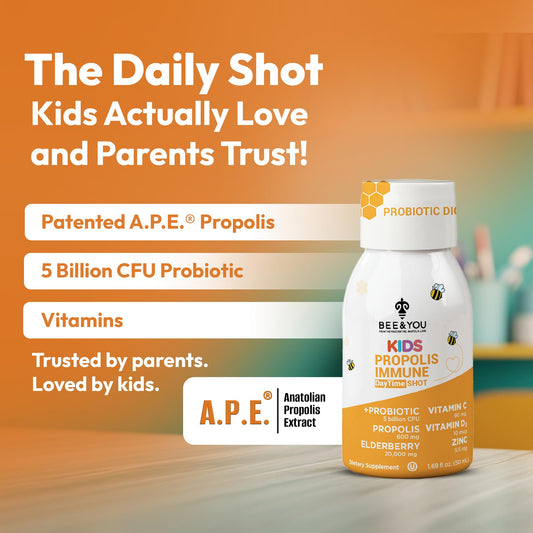 Bee and You Kids Propolis Shot bottle portrait ready for on-the-go dosing.