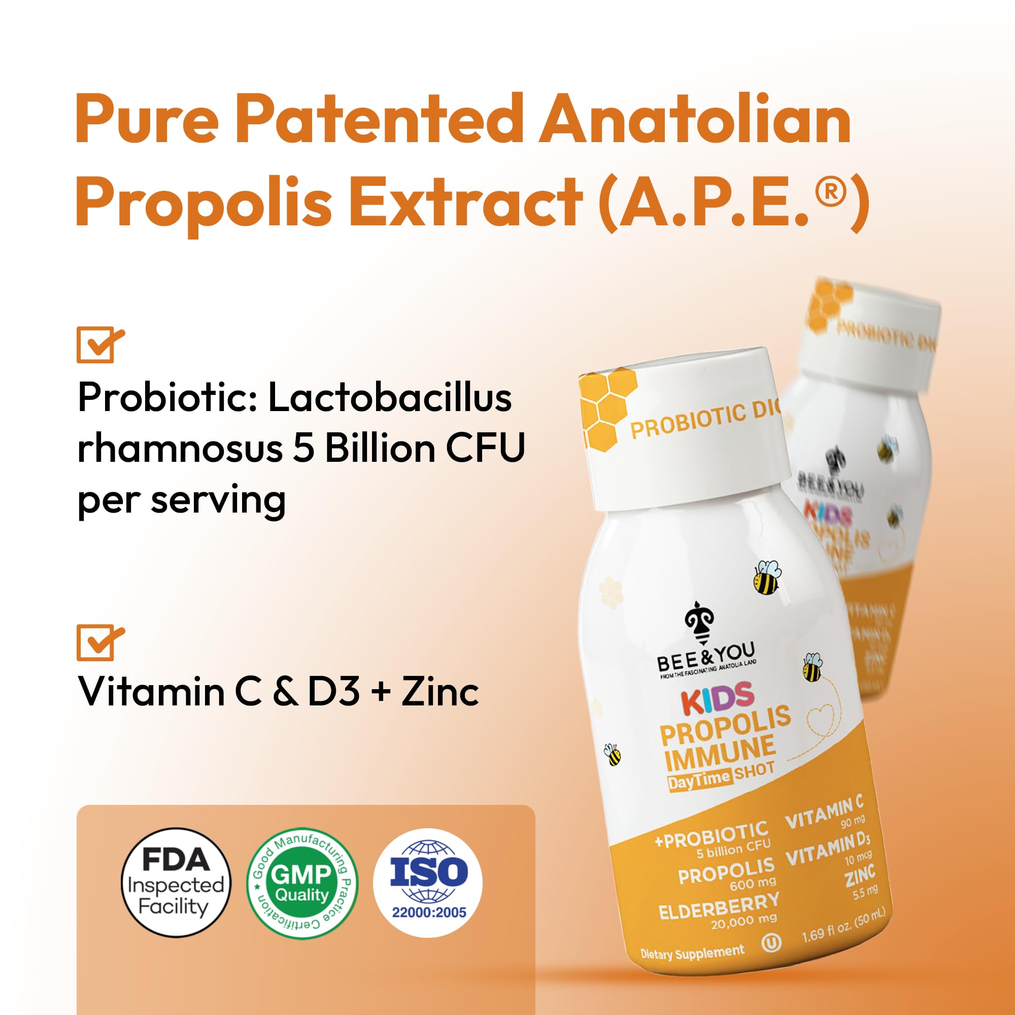 Bee and You Kids Propolis Shot ingredients panel emphasizes natural propolis and vitamins.