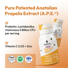 Bee and You Kids Propolis Shot ingredients panel emphasizes natural propolis and vitamins.