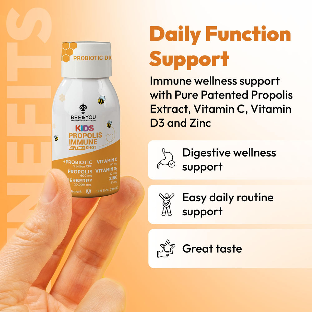 Bee and You Kids Propolis Shot micro-encapsulated Lactobacillus rhamnosus supports digestion.