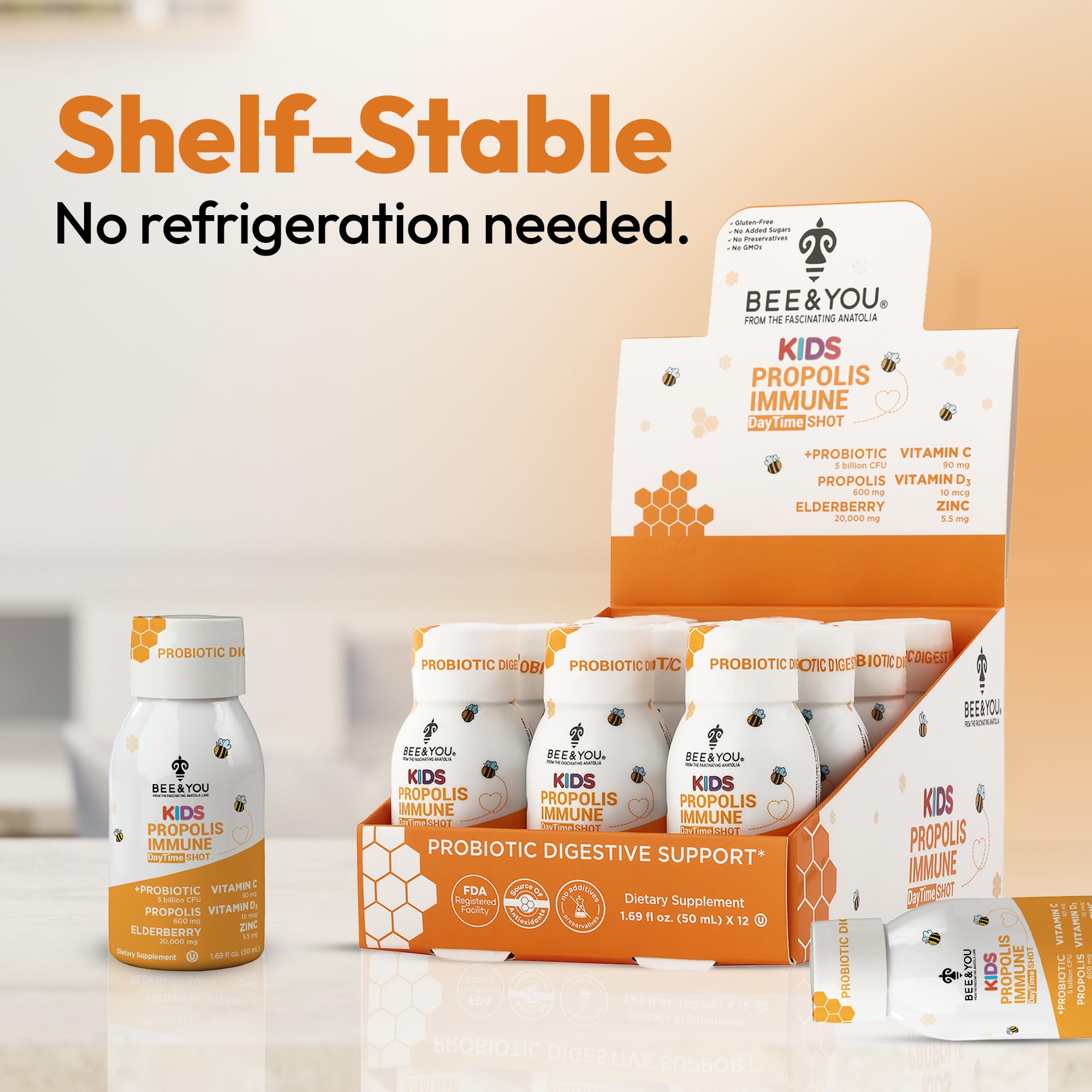 Bee and You Kids Propolis Shot sustainably sourced beekeeping practices highlighted.