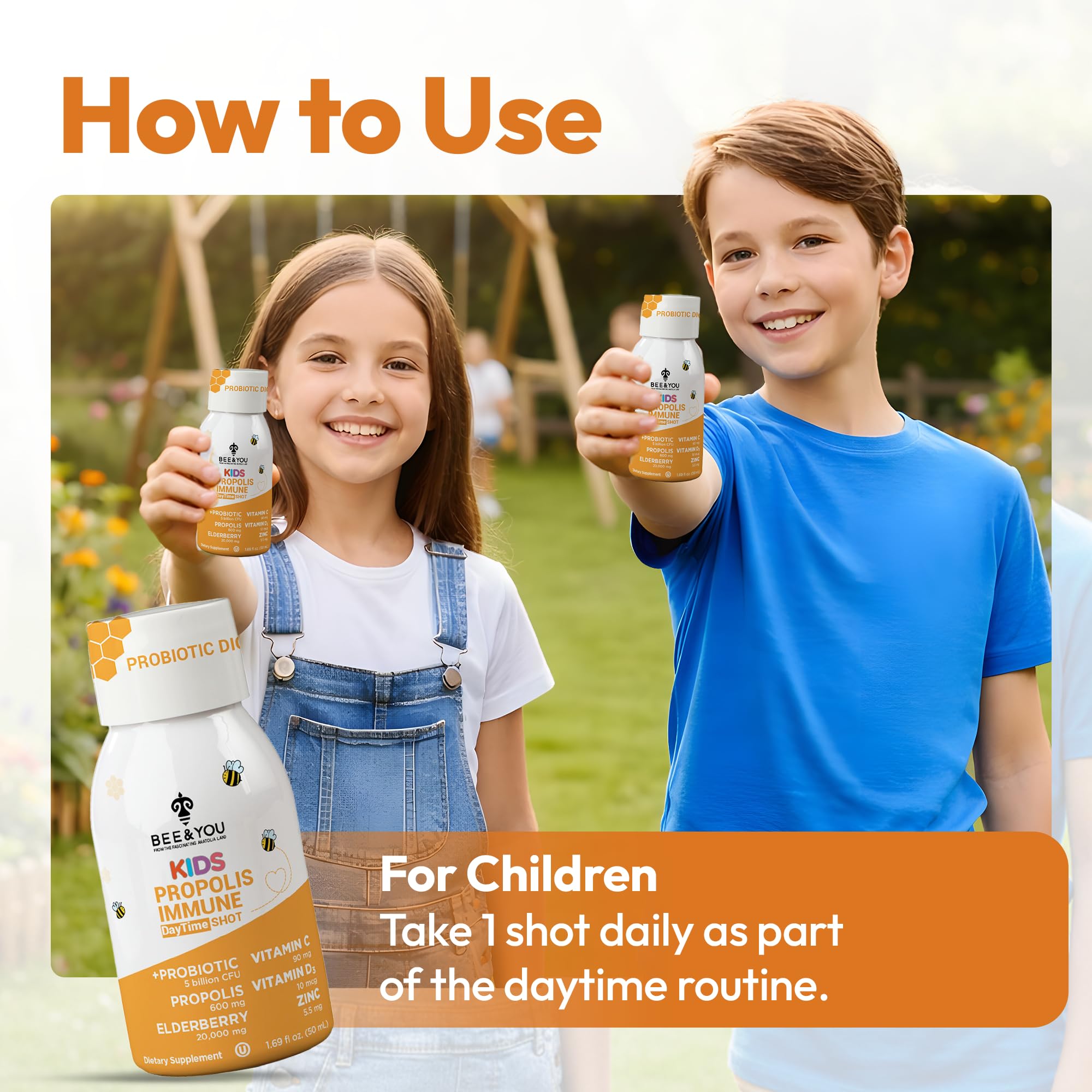 Bee and You Kids Propolis Shot vitamin C, D3, and zinc boost daily nutrition.
