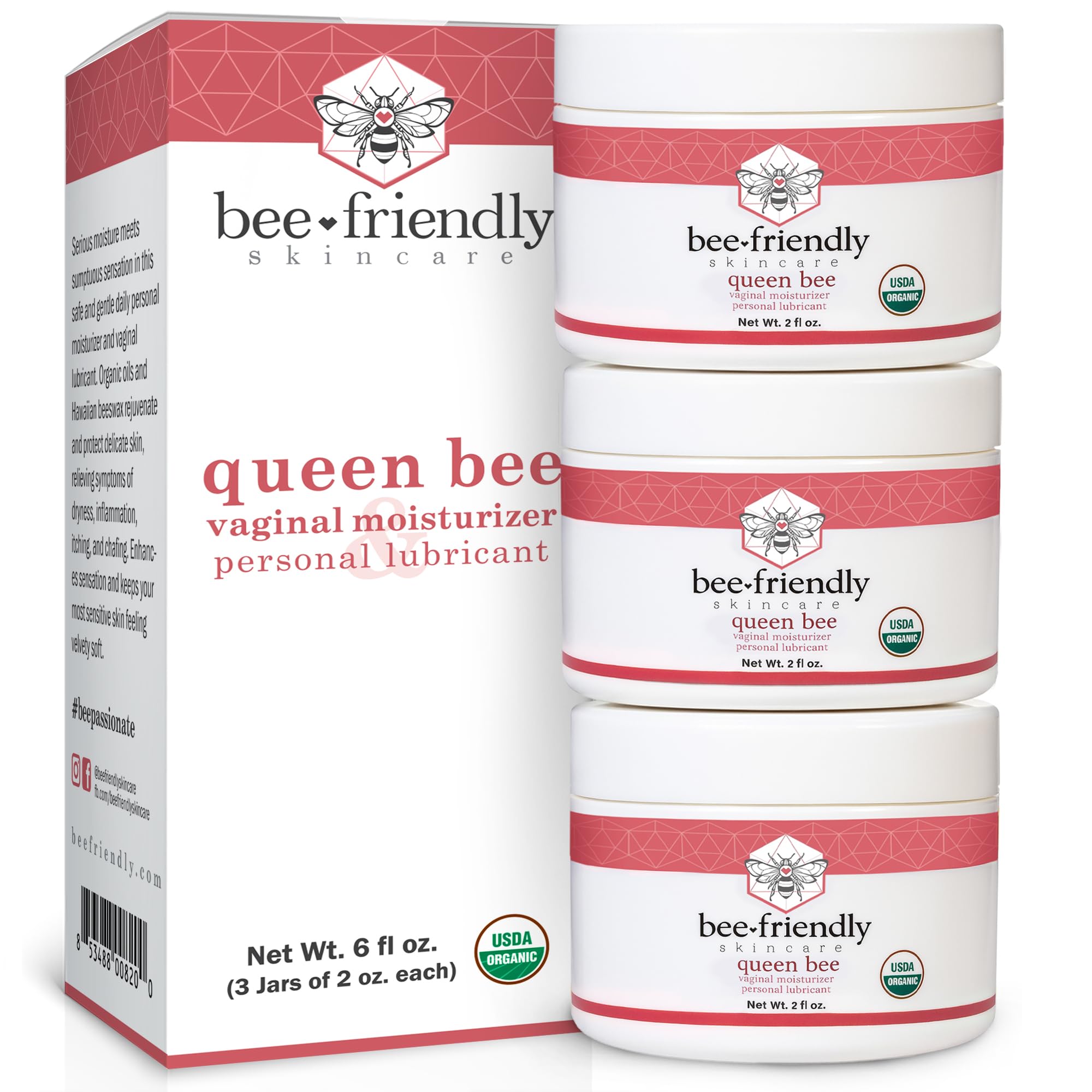 BeeFriendly Organic Vaginal Moisturizer bottle shows fragrance‑free, long‑lasting hydration