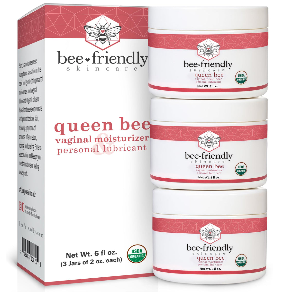BeeFriendly Organic Vaginal Moisturizer bottle shows fragrance‑free, long‑lasting hydration