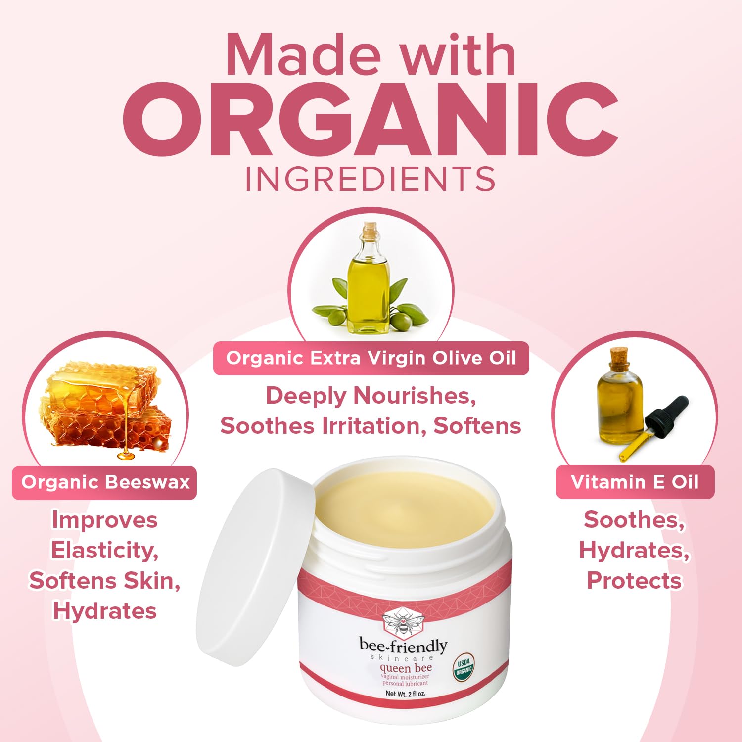BeeFriendly ingredients panel listing water, olive oil, beeswax and vitamin E.