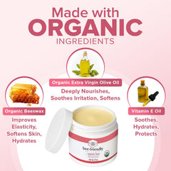 BeeFriendly ingredients panel listing water, olive oil, beeswax and vitamin E.