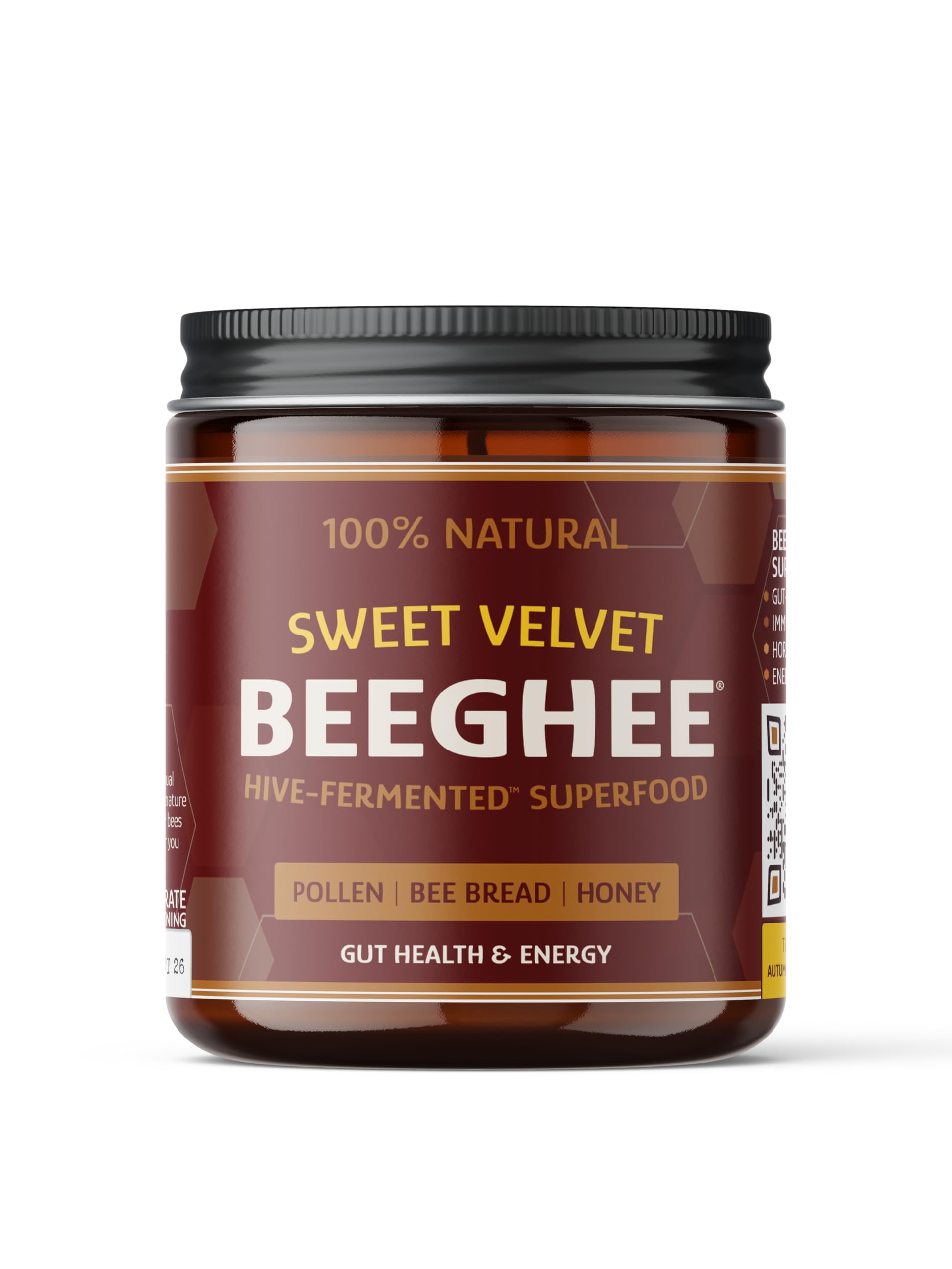 BEEGHEE Live Probiotic Bee Bread jar shows creamy texture and living cultures for gut health.